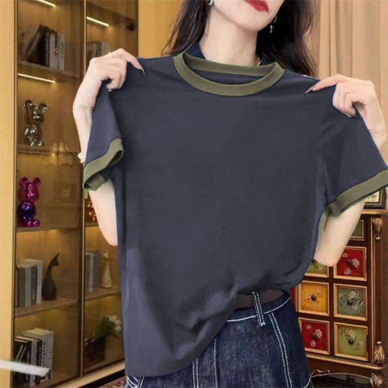 Cotton Contrast Color Short sleeve T-shirt Women Summer New Western Style Casual All-matching High Quality Patchwork Color Matching Bottoming Shirt