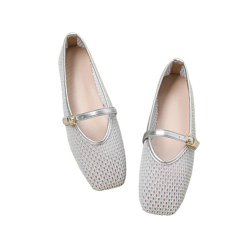 Fashion Buckle Strap Flats Women's 2025 Summer New Fashion Hollow Mesh Mary Jane Shoes Large Size Comfortable Breathable Casual Shoes