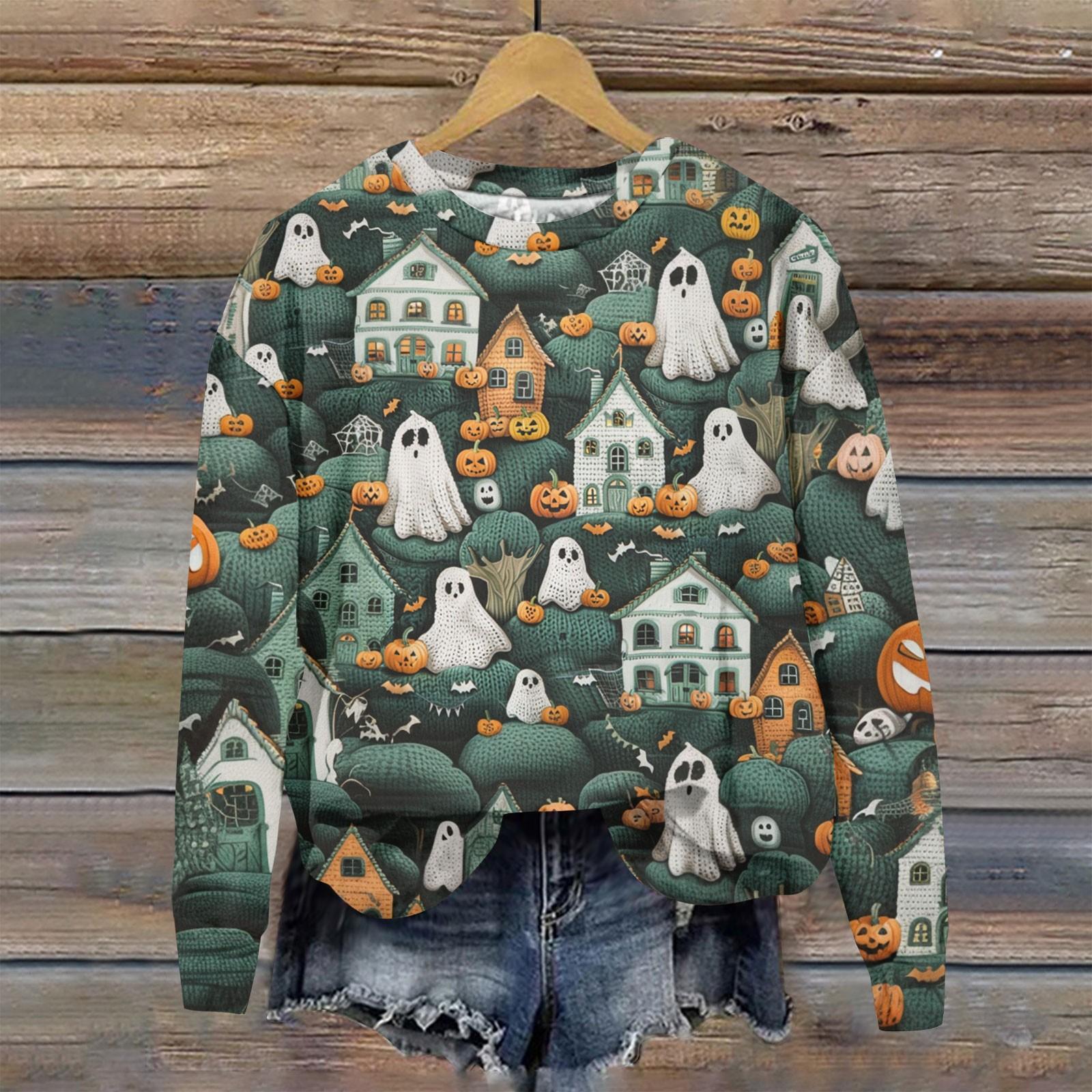 

Женский осенне-зимний топ с круглым вырезом и длинными рукавами, милый свитер-пуловер с принтом 3D на тему Хэллоуина S зелёный