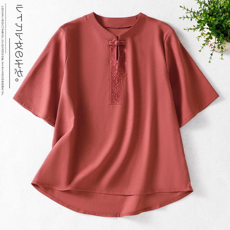 Hemp Cotton Women s Summer Top: Ethnic Embroidery, Loose Artistic Retro Style T-Shirt L