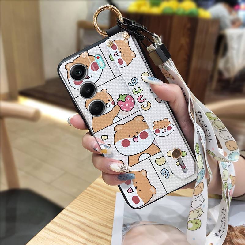 Ring Shockproof Phone Case For Tecno Camon40 4G/CM5 Silicone Back Cover Wrist Strap Lanyard Cartoon Anti-dust Kickstand