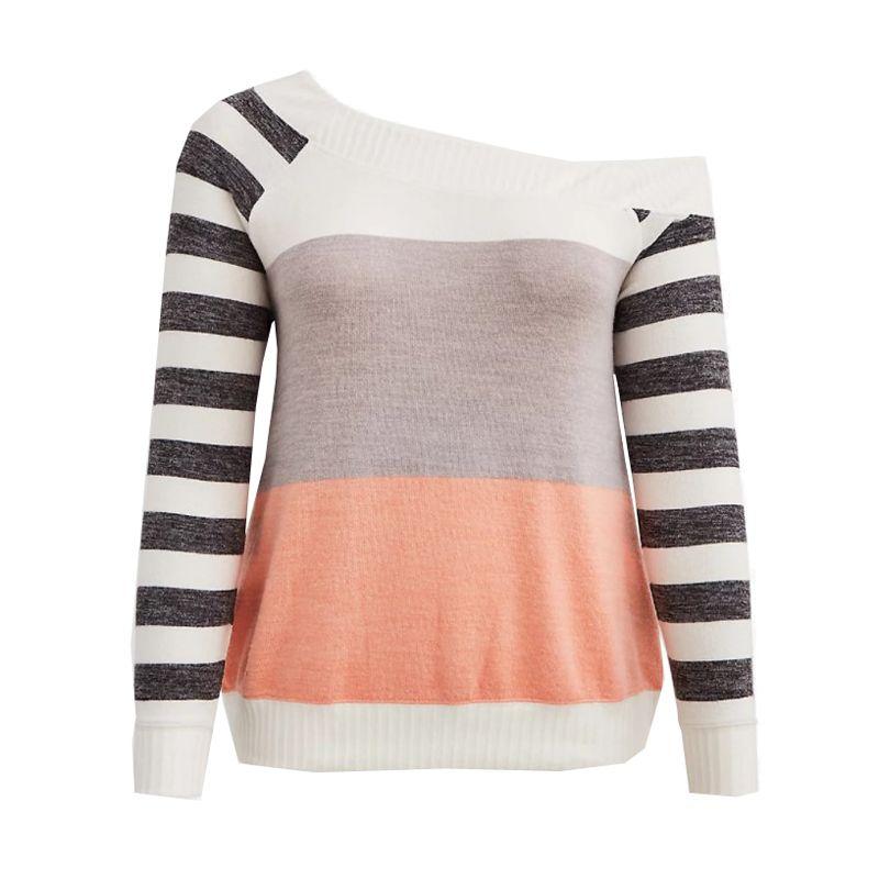

Stylish Soft Striped off-Shoulder Long-Sleeve Sweater for Plump Girls Stripes US4