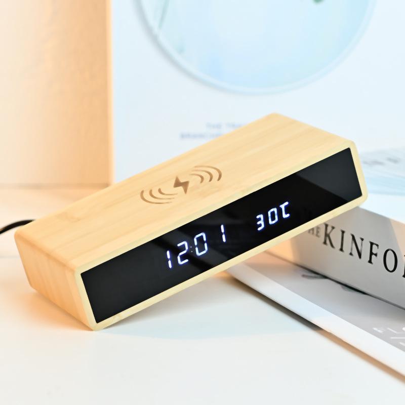 Bamboo Wireless Charging Clock Creative Electronic Mirror Clock Wooden Wireless Charging Sleep Alarm Clock Solid Wood Bamboo Clock