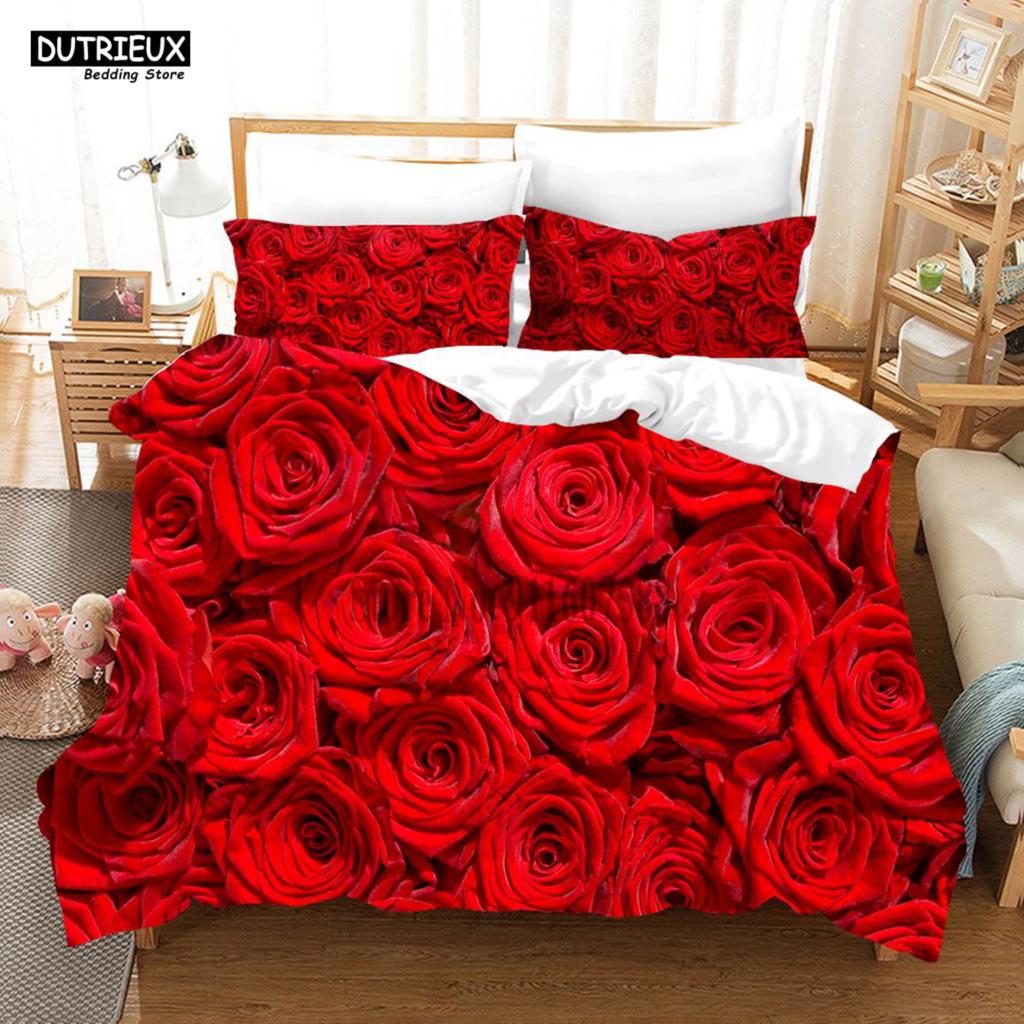 Roupa de Cama Estampada Flor de Amor 3D Conjuntos de Roupa de Cama de Poliéster Cobertores para Crianças Meninos Roupa de Cama para Adolescentes Conjunto de Roupa de Cama Tamanho King