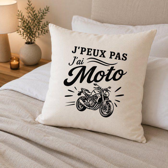 Housse de Coussin J’peux pas j’ai Moto J'peux pas minimaliste | Coton Canvas Fairtrade 305 g/m² Zip Invisible Taille 40×40 cm