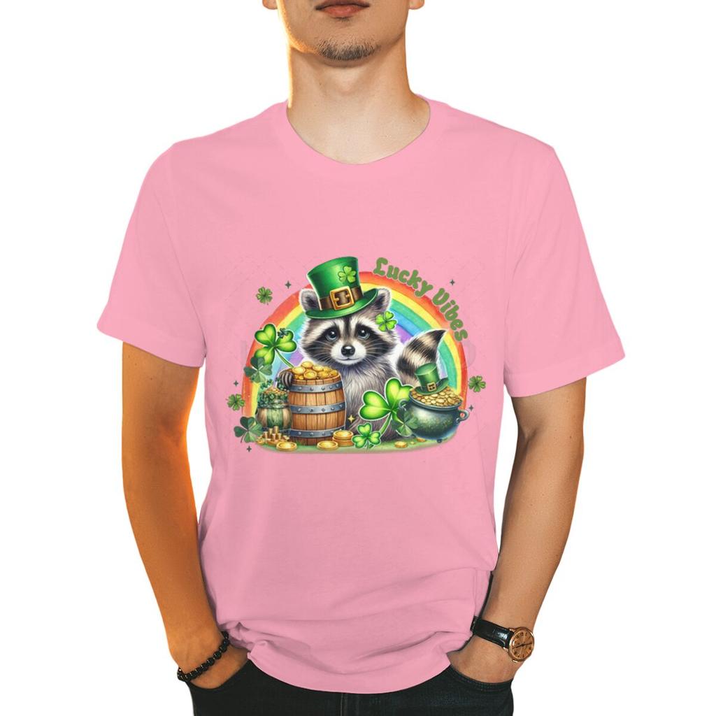 St Patricks Day Raccoon Shirt Lucky Vibes Short Sleeve Round Neck Tee Cartoon Lucky Raccoon St Patricks Day Unisex TShirt