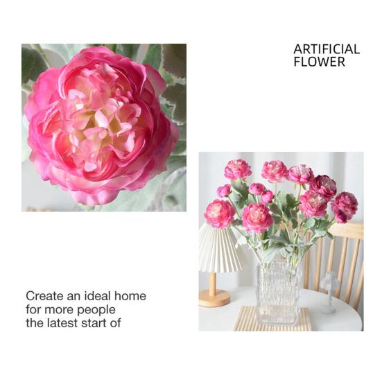 Artificial Ranunculus Flower Faux Silk Ranunculus Bouquet with 2 Heads Full Blooms And 1 Bud for Floral Arrangement Wedding Event Centerpiece