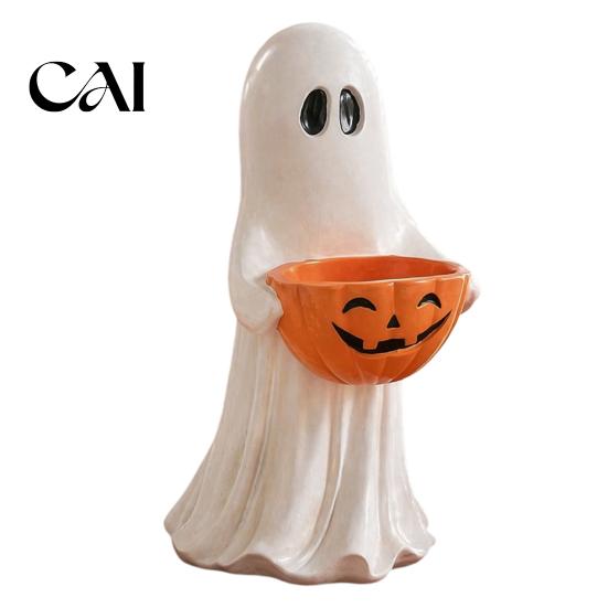 Kid Friendly Halloween Ornaments Resin Ghost Statue with Pumpkin Candy Bowl, Cute Figurine, Trick Seasonal Home Shelf Accessories or Treat Holder for