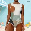 Women Plus Size High Round Neck Sleeveless Striped Printed One Piece Swimsuit Pink White Grey