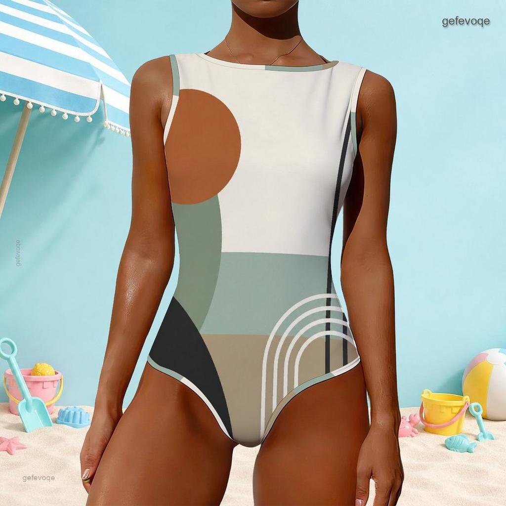 Women Plus Size High Round Neck Sleeveless Striped Printed One Piece Swimsuit Pink White Grey