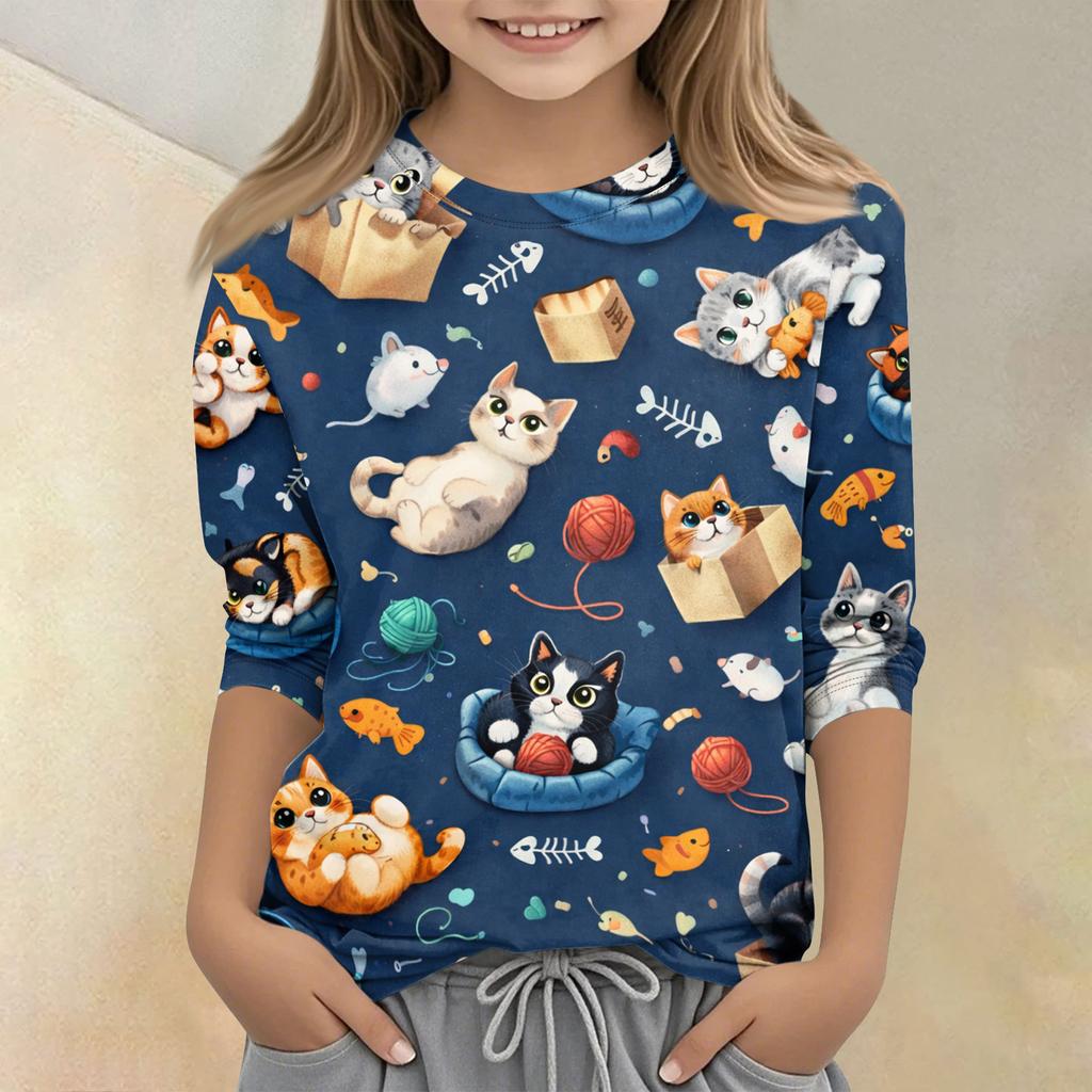 Children's Printed Round Neck Seven Quarter Sleeve Casual T-shirt