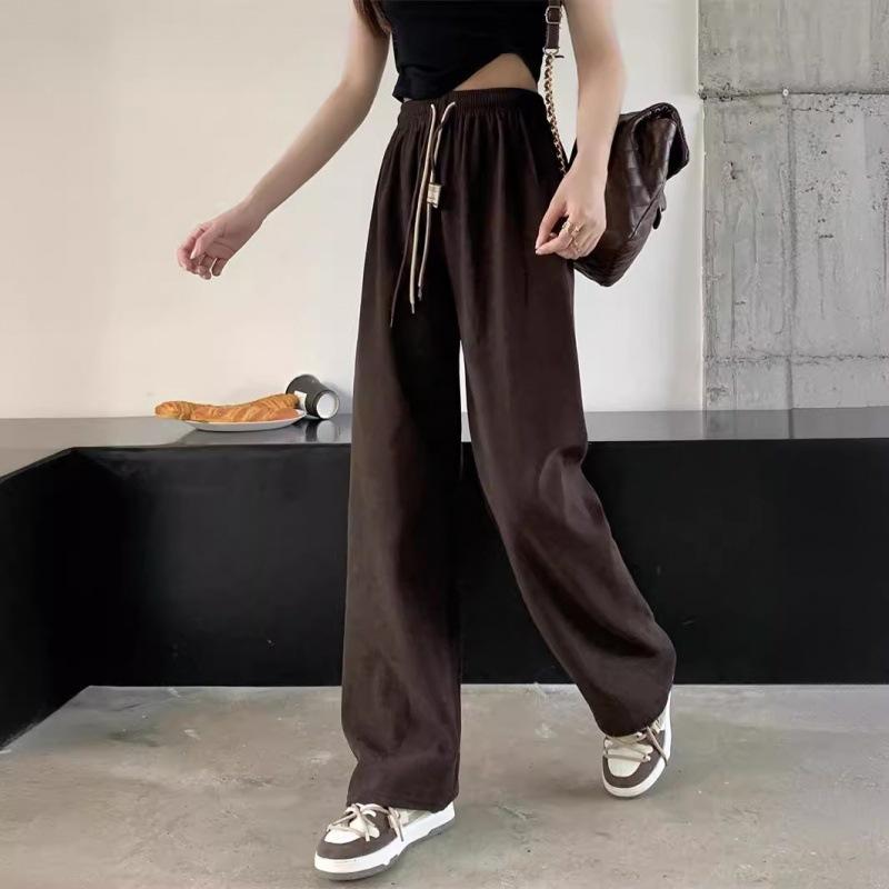 

Large size corduroy ultra-fine strip wide-leg pants women s autumn double drawstring smiley face belt casual pants high waist straight pants Large size (about 140-90 kg) темно-коричневого