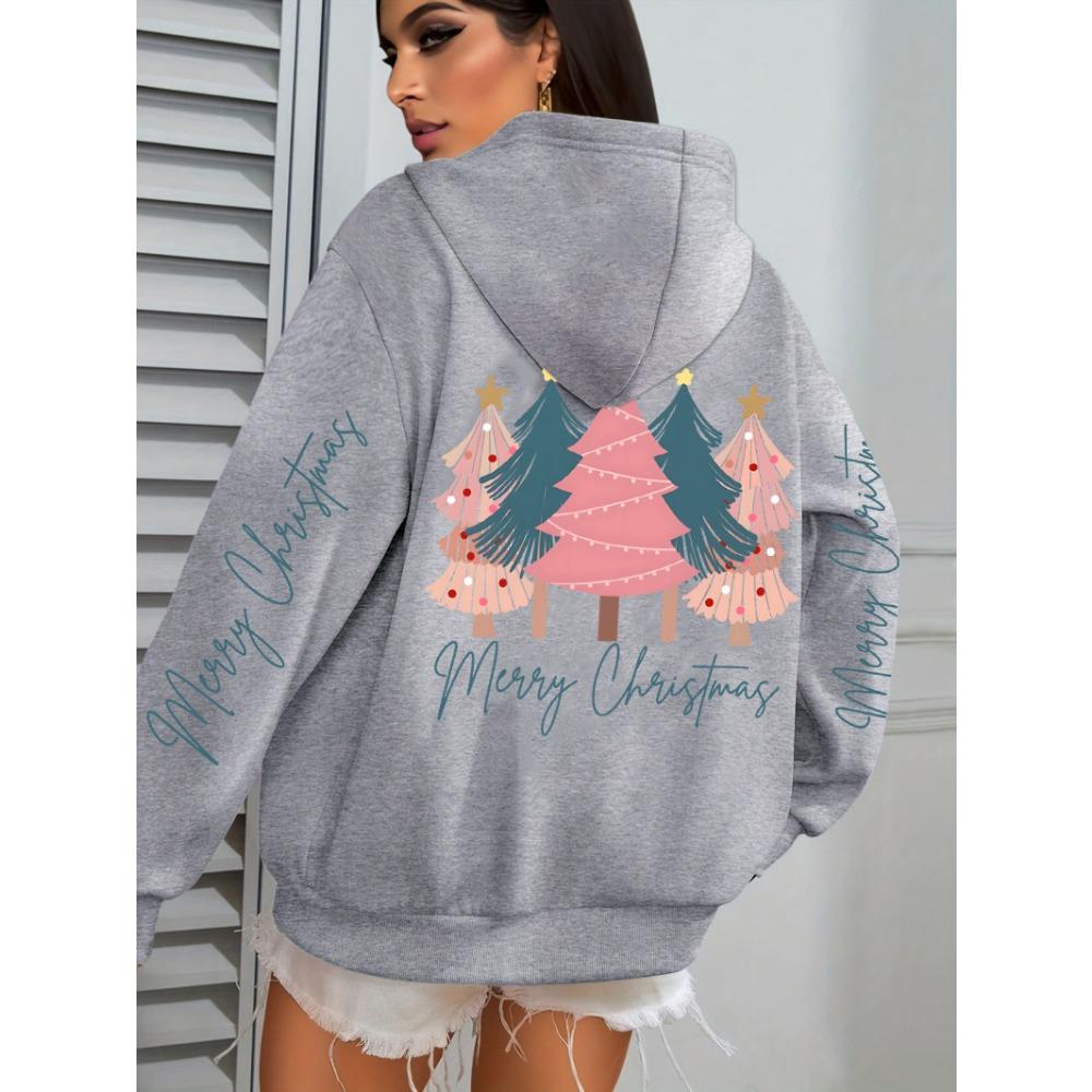 Merry Christmas Beautiful Trees Printing Women Hoodies Loose Hoody All-Match Y2K Pocket Clothing Autumn Casual Streetwear
