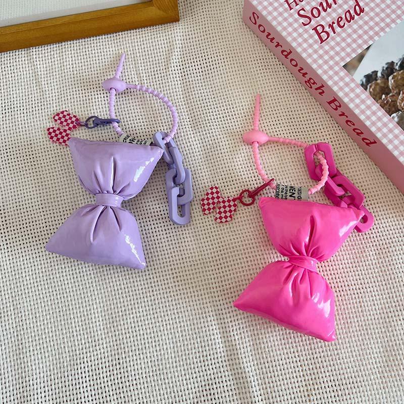 Sweet Bow Leather Cotton Filling Keychain Girl Simple Cute Backpack Pendant Earphone Box Phone Case Decoration
