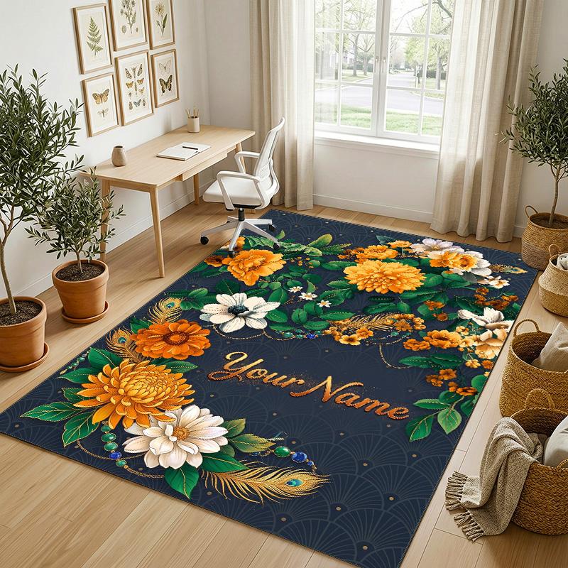 Floral Elegance Theme Soft Crystal Velvet Rug Custom Name & Text Print Non Slip Floor Rug for Bedroom Living Room