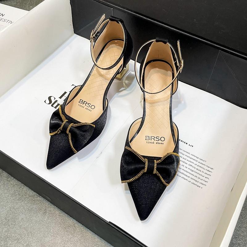 Fashion Women's Coarse Heel Sandals Pointy Toe Shallow Mouth Butterfly Knot Line with Non-slip Wear-resistant High Heels