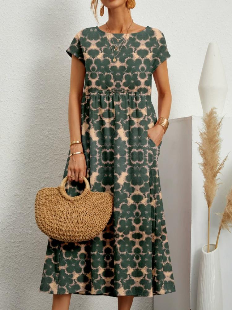 New Fashion Women's Loose Cotton and Linen Sleeveless Crew Neck Print Summer Dress