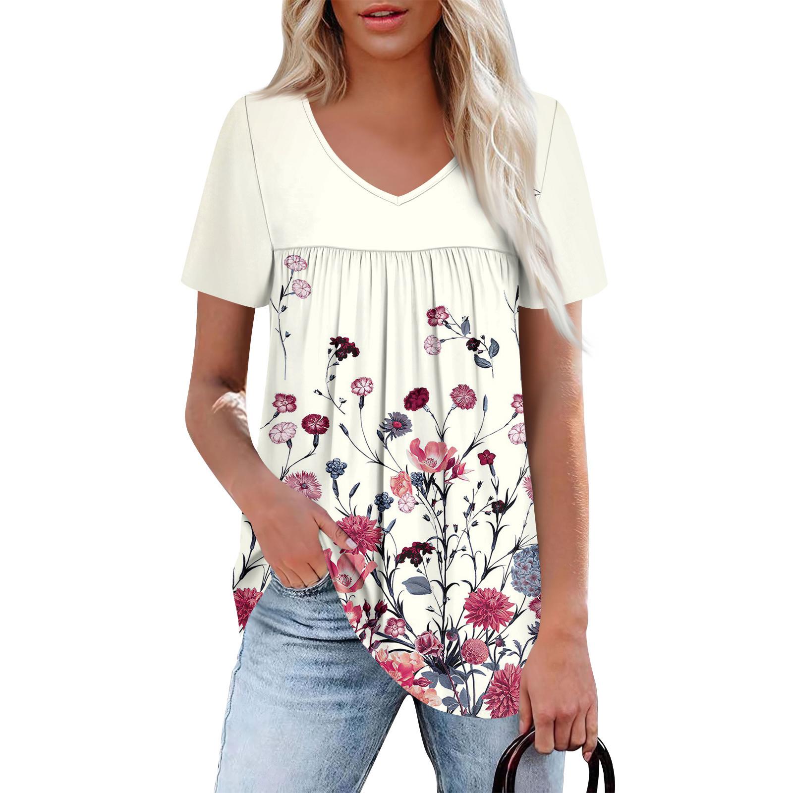 

Women s Casual V-Neck Short Sleeve Chest Ruffle Printed Top XL бежевий