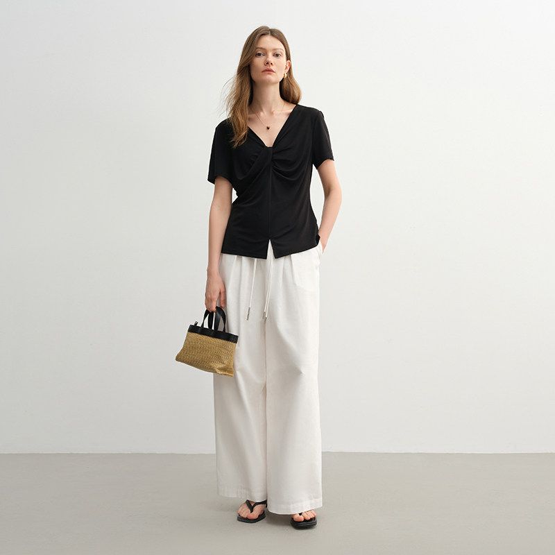 

Single Bundle Plus size Women s Stylish Minimalist Short Sleeve Shoulder T-Shirt Retro Kink Elegant Vinegar V Neck Slim Looking Tops Caviar Black UK4