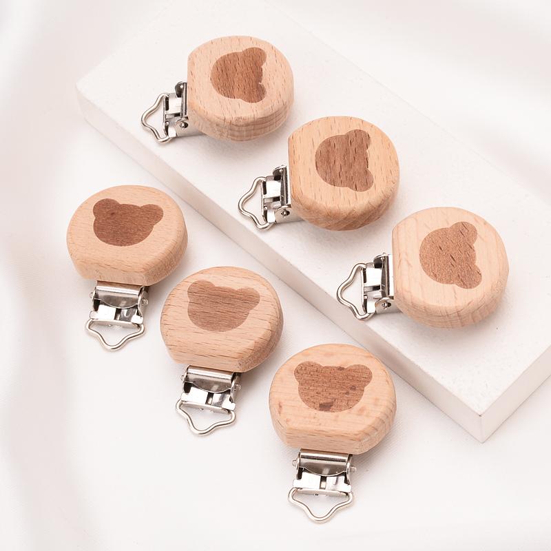 1Pcs Cute Modelling Beech Wood Pacifier Clip Baby DIY Cartoon Animal Wooden Log Pacifier Clips Nipple Chain Holder BPA Free