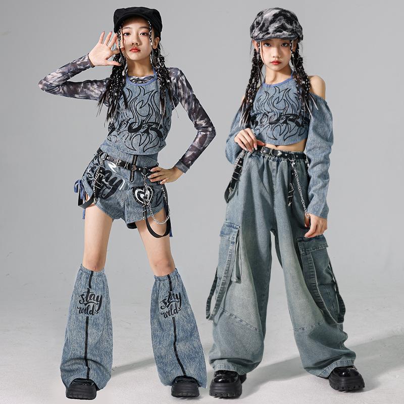 Mädchen K-Pop Denim Crop Top Street Dance Cargo Jeans Hose Kinder Hip Hop Jazz Shorts Kleider Set Kinder Streetwear Bühnenkostüm