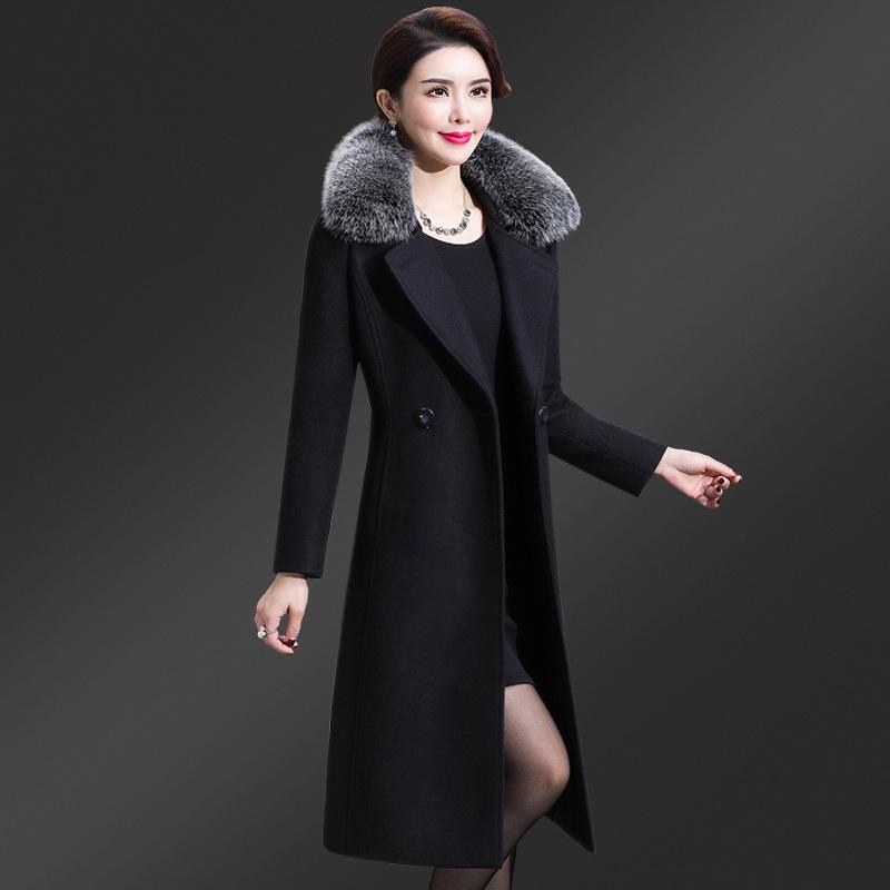 Women's Mid-Length Korean Wool Coat with Fox Fur Collar – Autumn/Winter