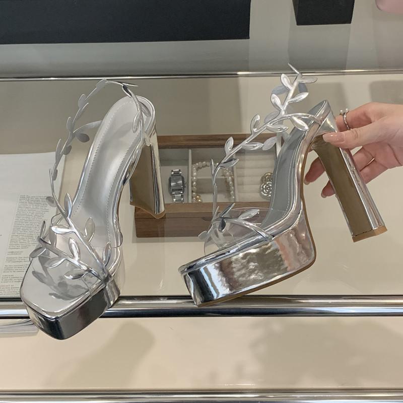 Fashion 14cm Ultra High heels Patent Leather Square toe Women Gladiator Sandals Fashion Platform Wedges Thick Heeled Summer Party Shoes