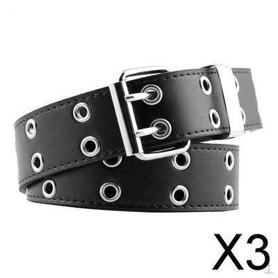 3x Women Double Grommet Belt Leather Adjustable Black
