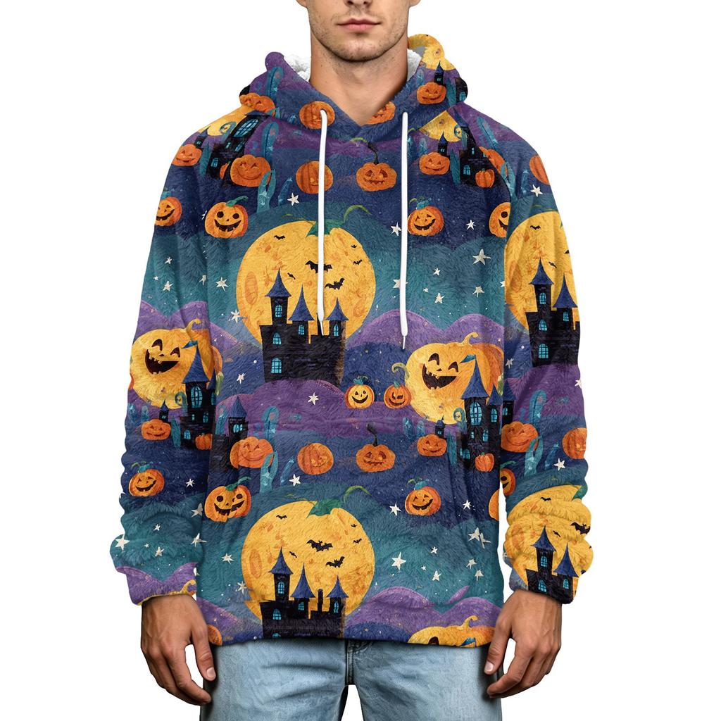 Herren Halloween Print Hoodie Übergröße Flanell Lässiger Pullover Sweatshirt für Herbst und Winter