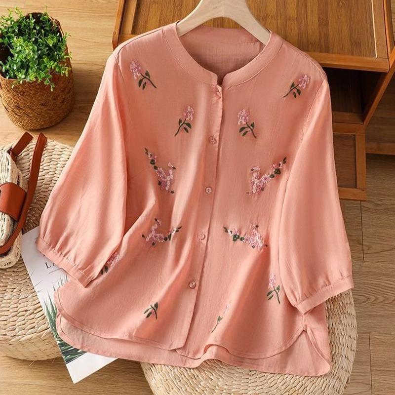 Retro Embroidered Half-sleeved Short-sleeved Cotton and Linen Shirt Spring and Summer New Style Simple and Versatile