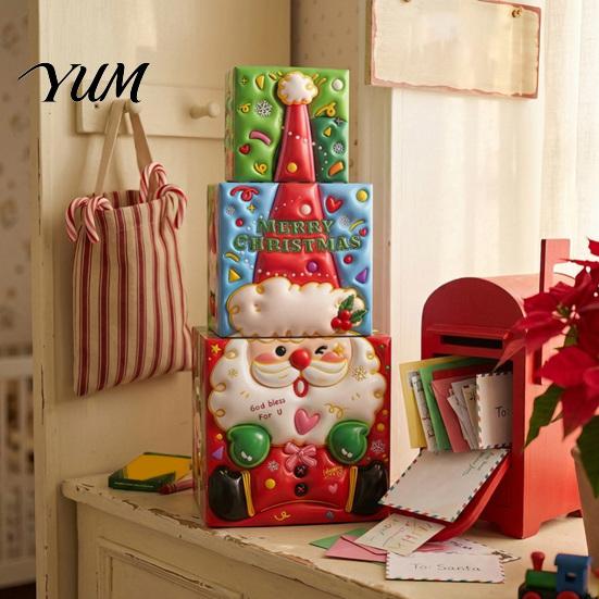 Reusable Holiday Display Sets 3Pcs Christmas Stackable Gift Box, Layered Cube Plastic Boxes with Santa Small Trinket Organizer Snowman Reindeer,