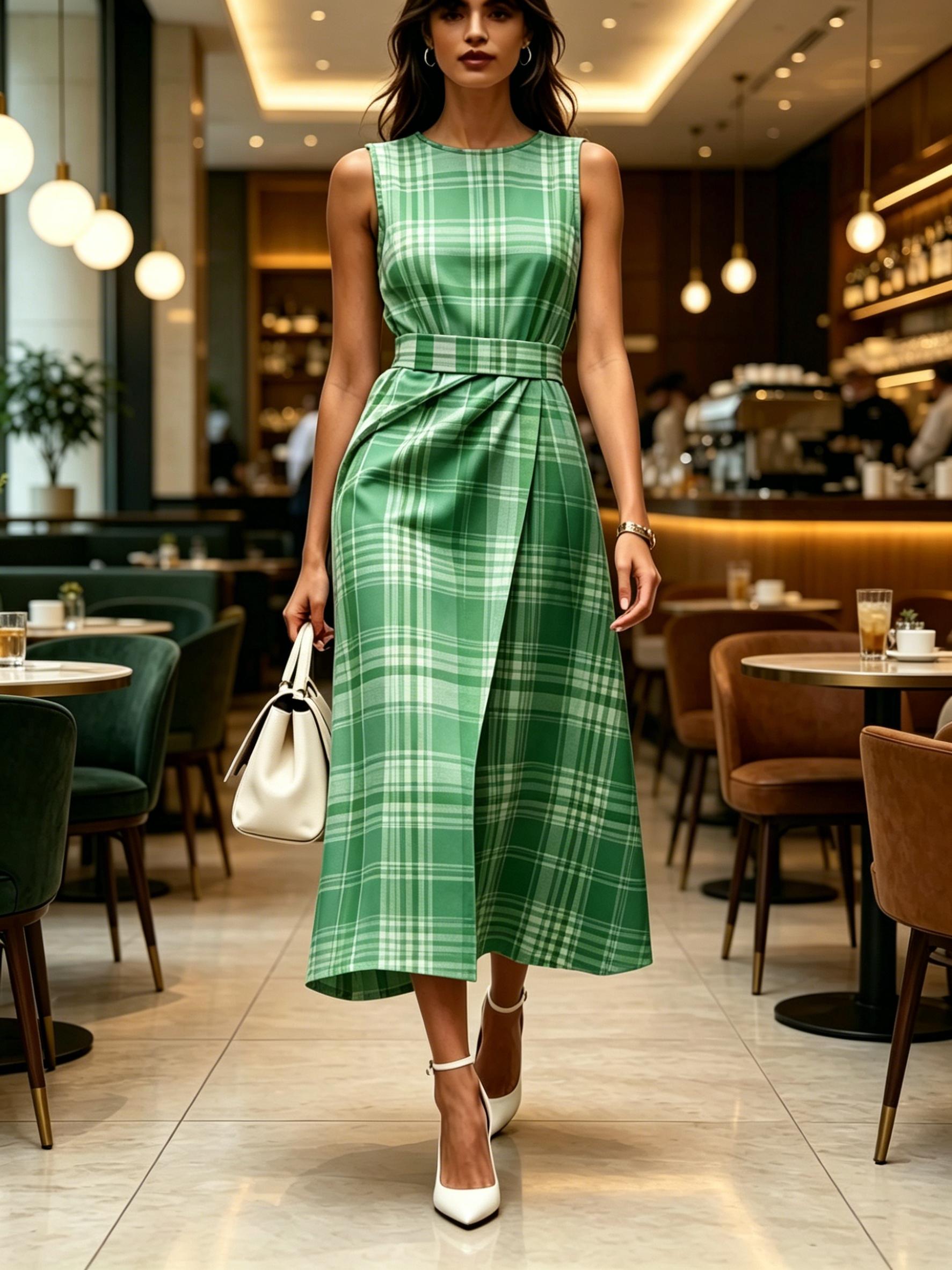 Green Plaid Printed Round Neck Sleeveless Midi Dress Modern Elegant Casual Fashion Women s Clothing For Spring Summer And Autumn XXS