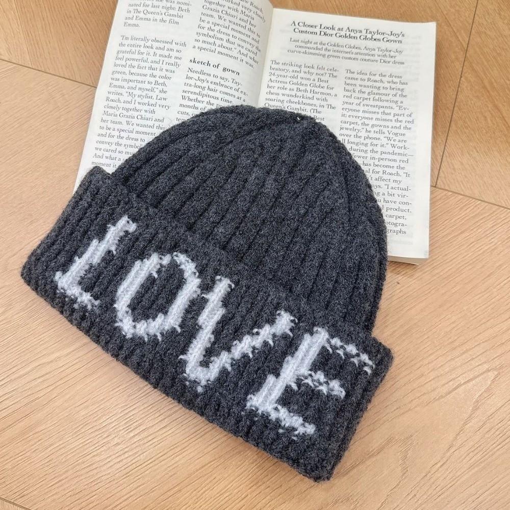 Stretchy Letter Embroidered Knitted Beanie Hat Thick Earflap Beanie  Girls
