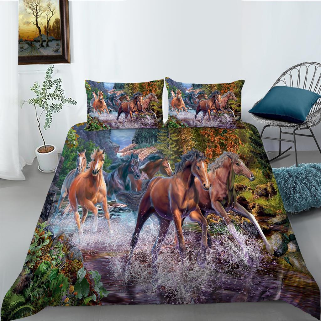 Sada ložního povlečení pro koně Povlečení na peřinu se zvířecím peřím 2/3 kusy AU180 * 210 Chlapecká ložnice Koně Series Tištěná měkká domácí dekorace