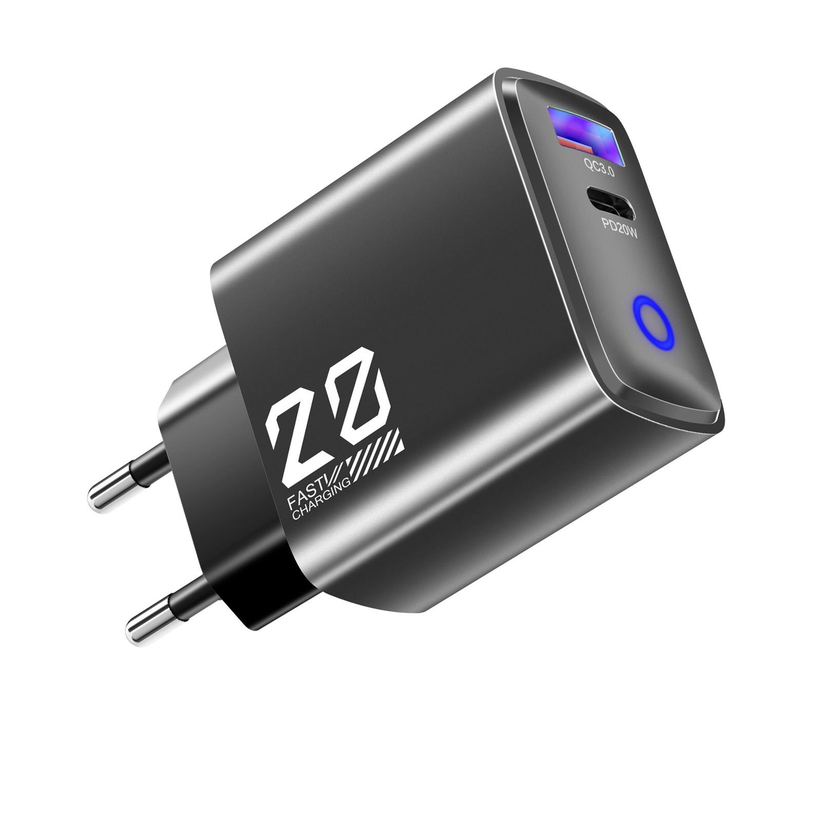 

Portable 20W Type C Charger LED Indicator Standard 2 Type Plug Optional Fast Charging Metal Power Adapter чорний