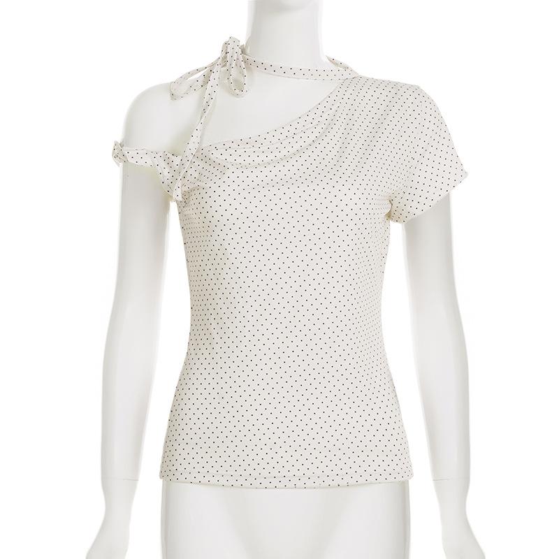 2026 New Women Sweet Polka Dot Halter Top Backless Knot Slim Fit Short Sleeve Tee INS Streetwear Fashion Casual Tops