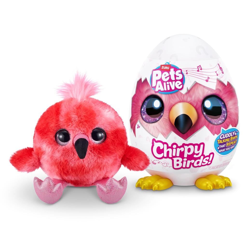 ZURU Pets Alive Chirpy Bird (Flamingo) Talking Electronic Pet Giant Surprise Egg Stickers Comb Fluffy Clay Bird Animal Plush Toy for Girls