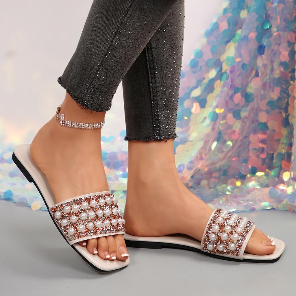 [Foreign Trade] 2025 European Station Golden Velvet Fashion Outer Wear Rhinestone Pearl Holiday Flat Slippers Sandals