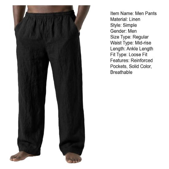 Men Linen Casual Pants Breathable Loose Fit Summer Trousers Solid Color Holiday Pants for Travel Beach Vacation