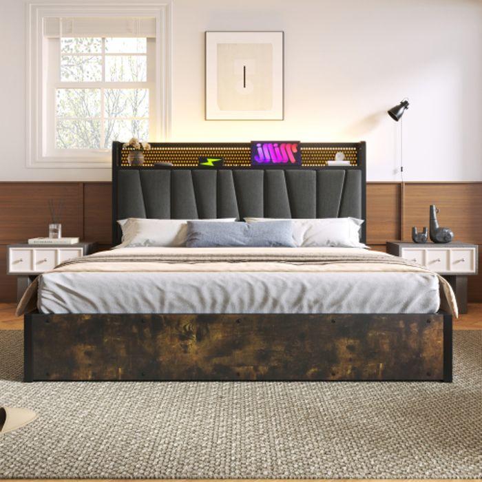 Lit en métal - MUVOE - 160x200 cm - Tête de lit LED avec USB - Matelas inclus - 720 ressorts