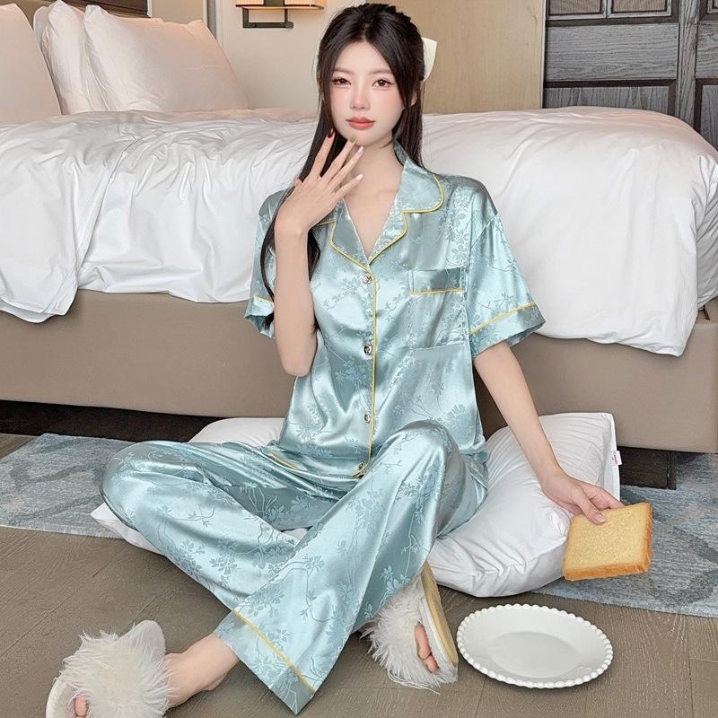 Chinese Style Flower High-End Light Luxury Jacquard Ice Silk Pajamas Women'S Summer Short-Sleeved Trousers Loungewear