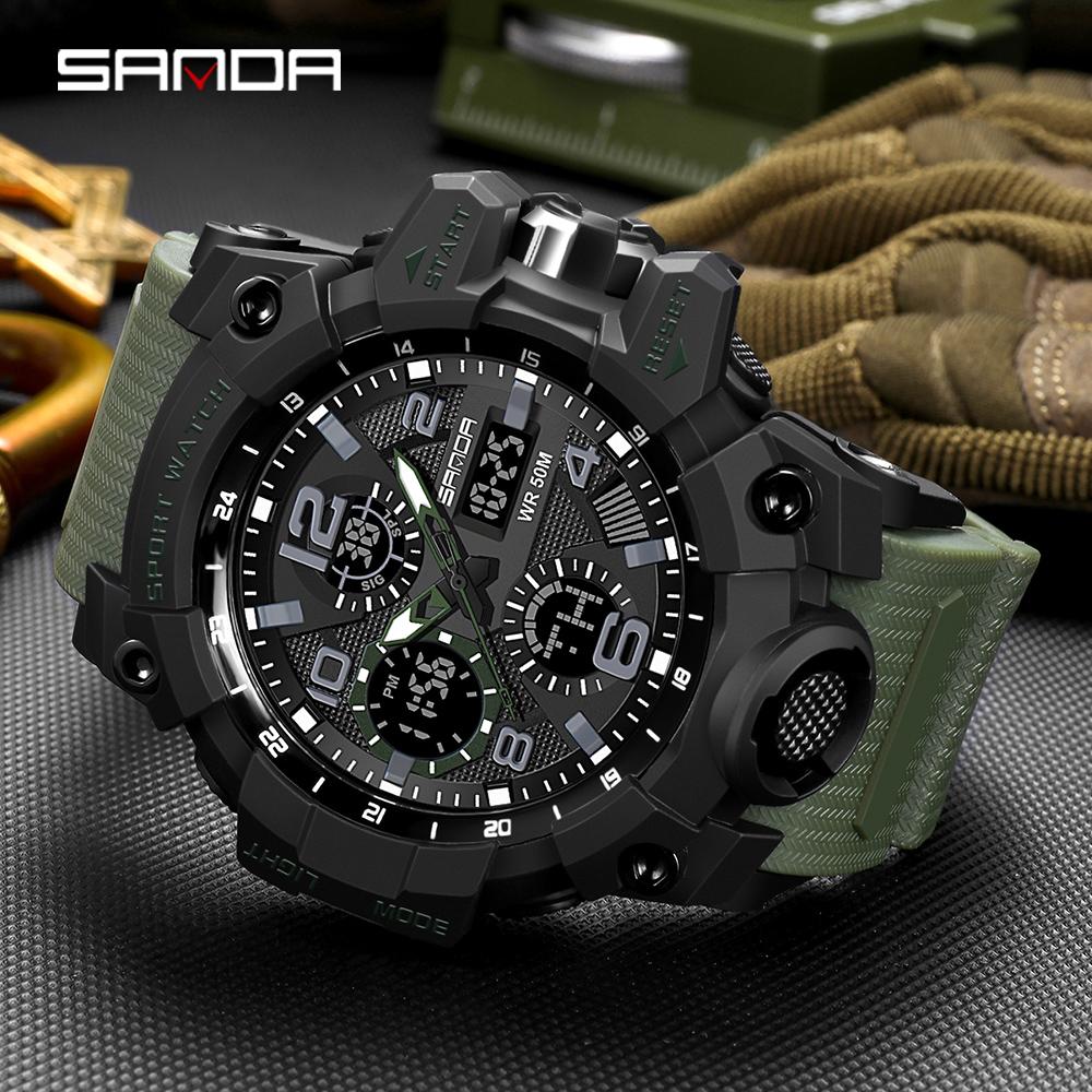 SANDA Sports Military Men's Watches Waterproof Dual Display Quartz Wristwatch For Male Clock Stopwatch Relogios Masculino