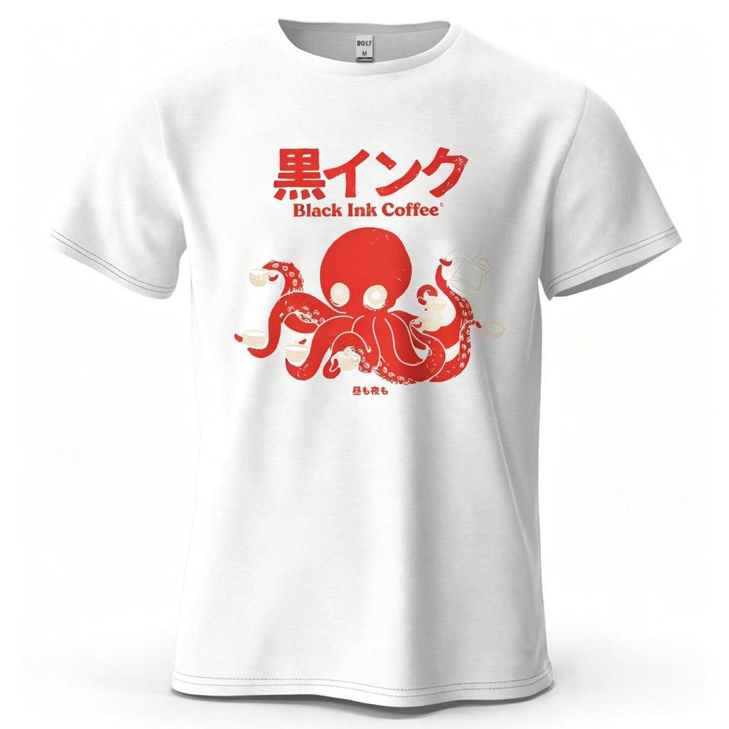 Unisex Octopus Coffee Black Ink Coffee Japanese Text Graphic Tshirt Casual Crew Neck Short Sleeve Loose Cotton Streetwear