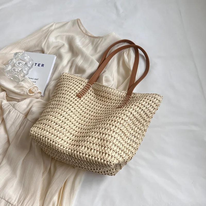 Womens Fashion Handmade Woven Straw Handbag Summer Holiday Beach Zipper Tote Top-Handle Bags Large Capacity Bucket Shoulder Bags