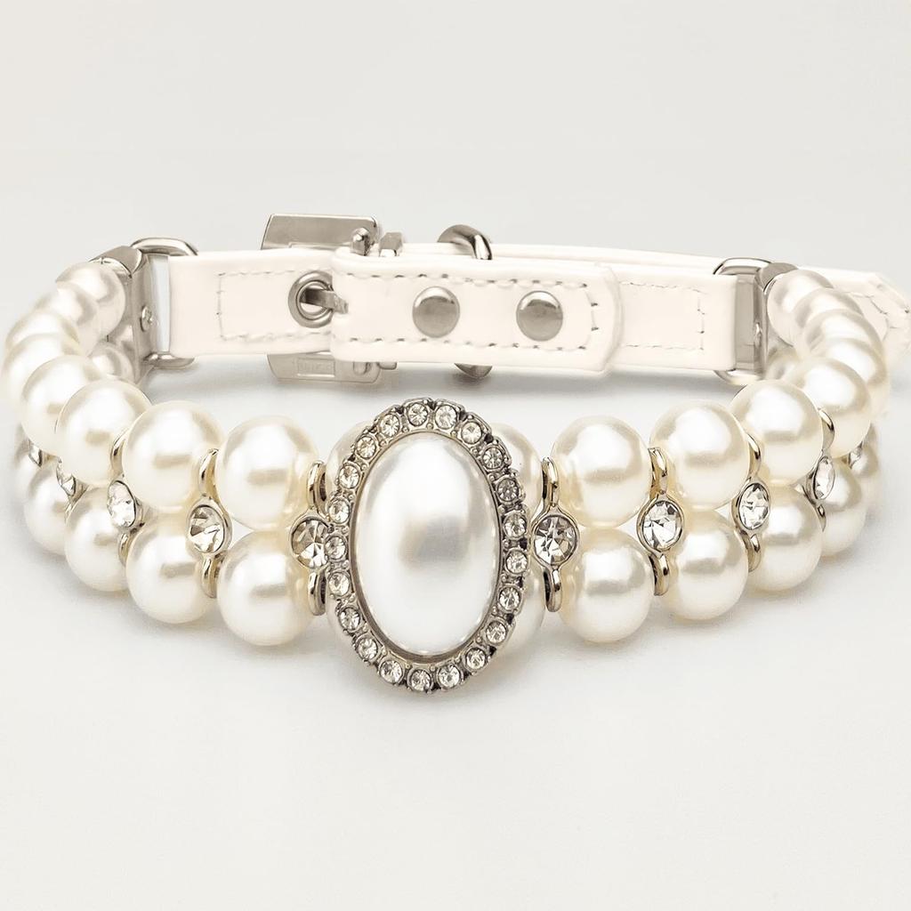 KUDES Small Dog Cat Big Pearl Collars with Crystal Rhinestone Diamond Décor, Adjustable Cute Fashion Pet PU Leather Collars Necklace for Wedding