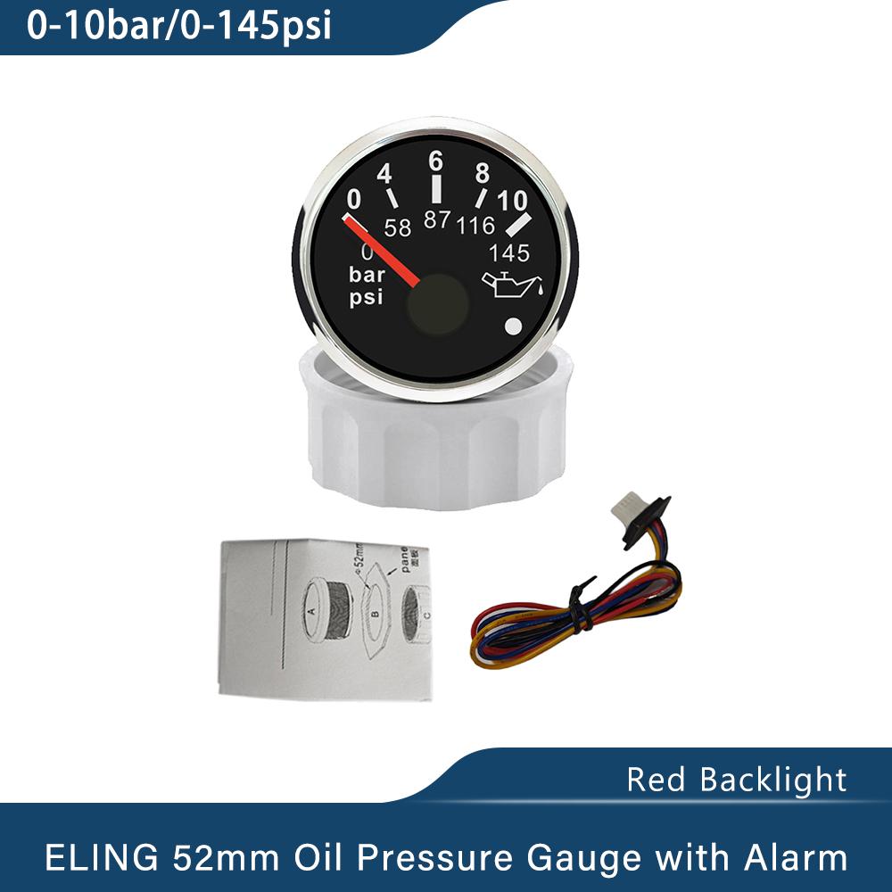 ELING New 52mm Oil Pressure Gauge Meter 0-5Bar 0-10Bar with Red Backlight and Light Alarm for Ships Motorcycle 9-32V