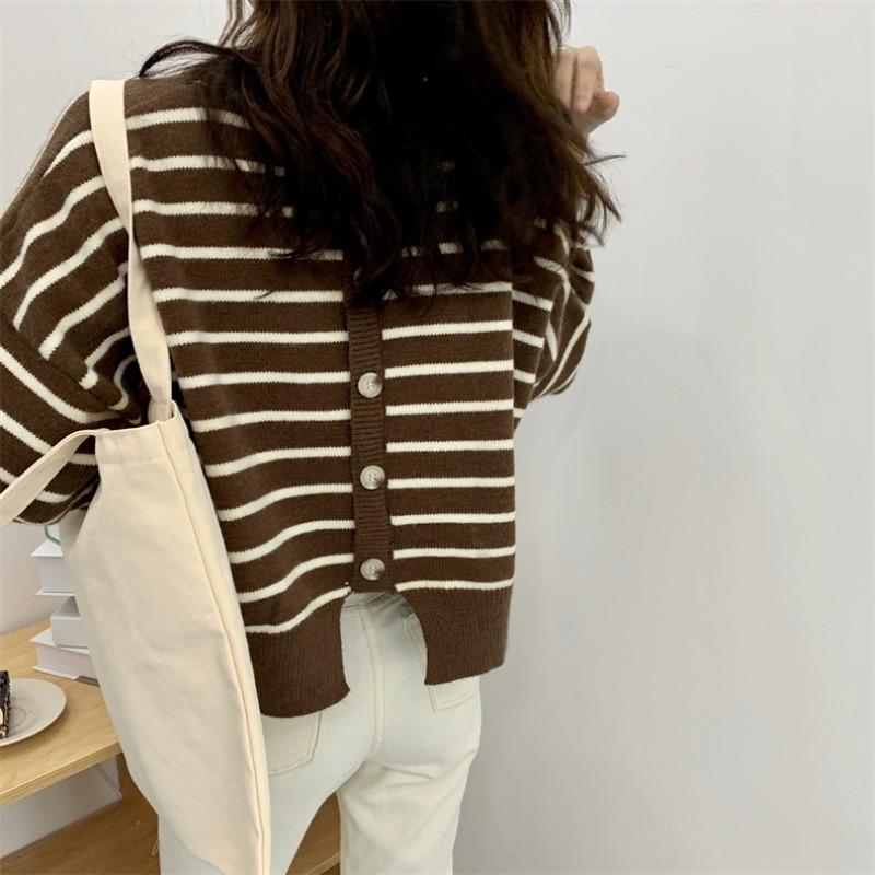 Back Slit Retro Short Section Round Neck Pullover Striped Sweater Female Thick Section Loose Round Neck Knitted Bottoming Shirt Outer Wear