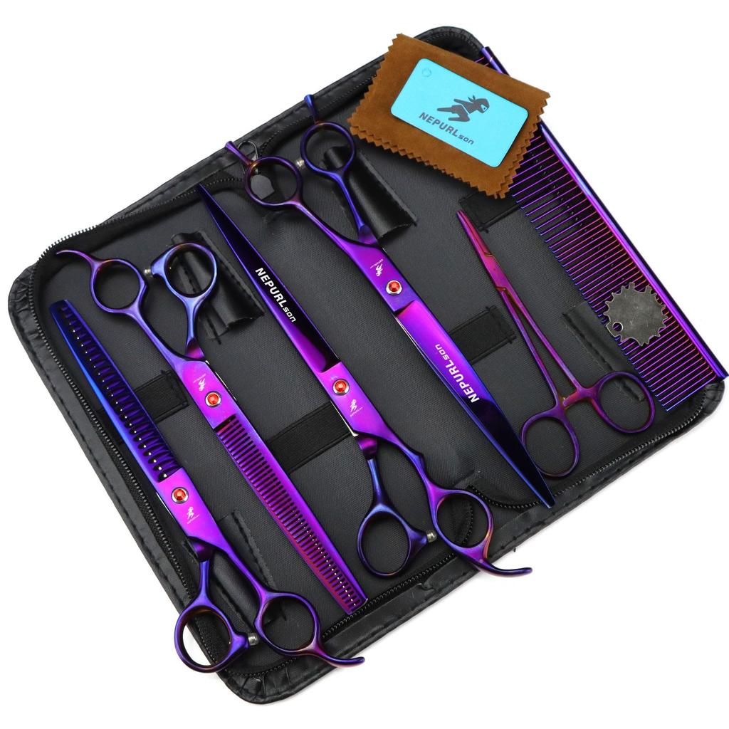 8.0 Inch Purple Pet Beauty Scissors Set, Flat Scissors, Curved Scissors, Thin Scissors, Multi-Colored 2 Teeth, 4 Fixed Logos.