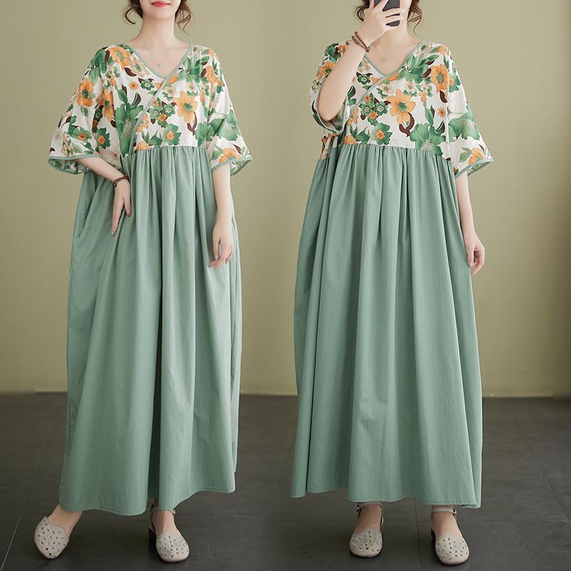 DIMANAF 2024 Plus rozmiar letnia sukienka damska patchworkowy nadruk luźna sukienka Vintage sukienki na co dzień dekolt w serek kobieta