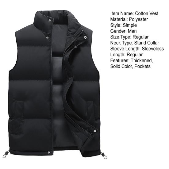 Men Cotton Vest Stand Collar Sleeveless Warm Elastic Hem Windproof Waistcoat Solid Color Zipper Buttons Placket Thickened Vest Coat with Pockets